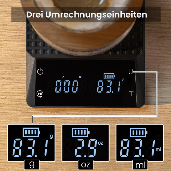 bemece Wiederaufladbare Digital kaffeewaage, Barista Waage 0,1 g, Wasserdichte Espressowaage mit Gro