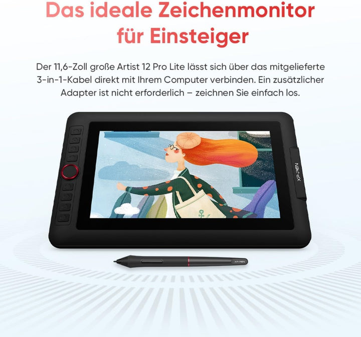 XPPen Artist 12 Pro Lite Grafiktablett mit Display für PC- 11,6 Zoll | 8 Taste und 1 Einstellrad, 81