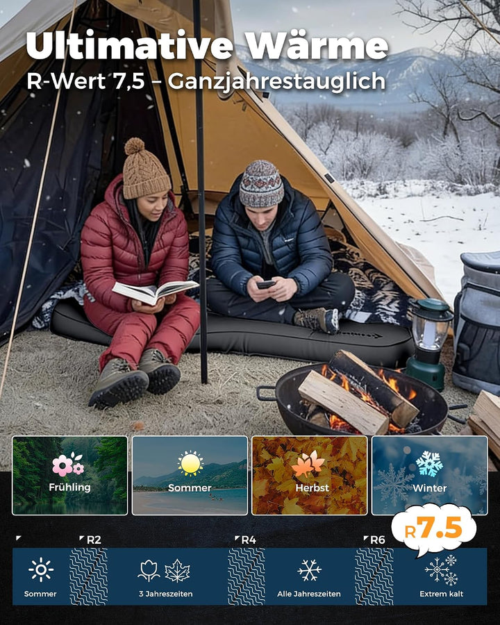 KingCamp Isomatte Selbstaufblasend Camping Komfort 3D 7,5cm Dick R-7,5 2 Personen Schwarz 7,5cm, 2 P