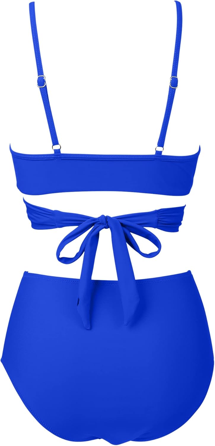 RXRXCOCO Damen Wickel Push Up Bikini Oberteil mit Bauchweg High Waist Bikini Set Bademode S Blau, S