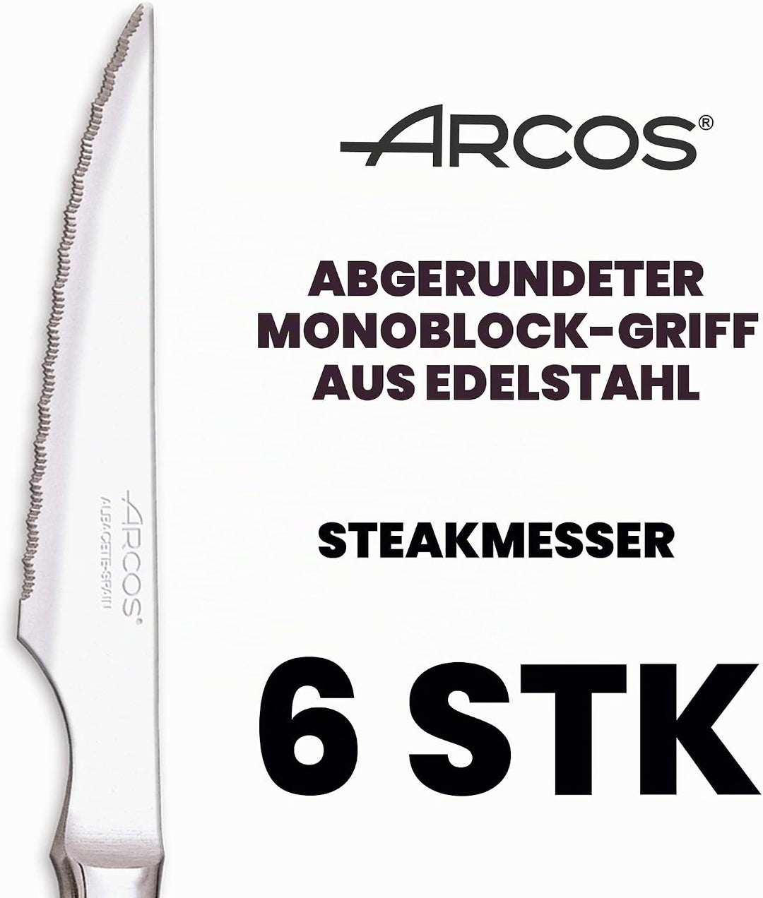Arcos Fleischmesser-Set | 6 Stück | Steakmesser Marke Arcos | Edelstahl-Besteck | Klinge 110 mm | Mo