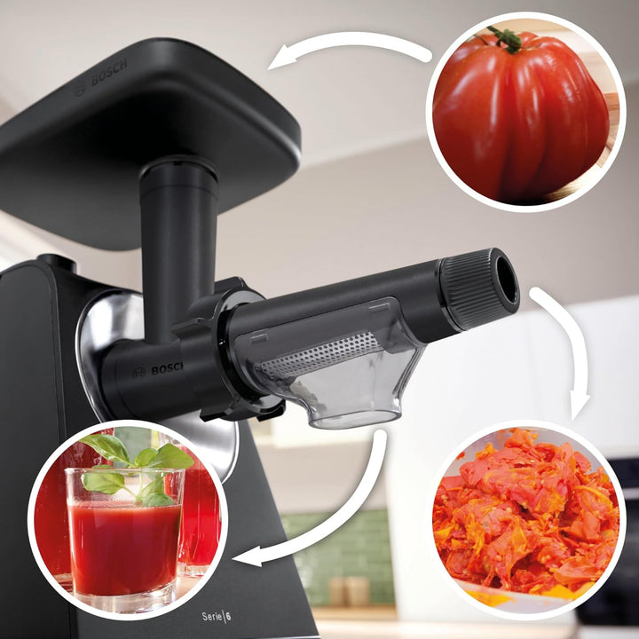 Bosch Zubehör Saftpresse für Fleischwolf Serie 4 und Serie 6, 4 Trommeln zum Raspeln, feinen Reiben,