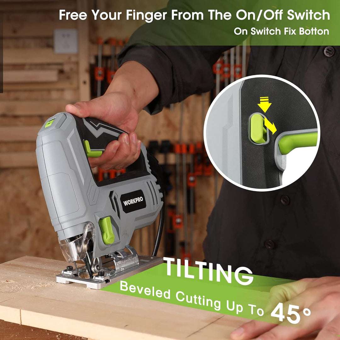 WORKPRO Stichsäge 600W, 3000 SPM mit 6 Geschwindigkeiten & 4 Orbitalpositionen, Schnellem Klingenwec