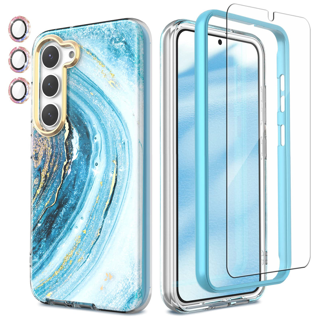 für Samsung S23 Hülle mit Schutzfolie + Stossfänger & Kameraschutz, TPU Stossfest 360°-Schutz, Samsu