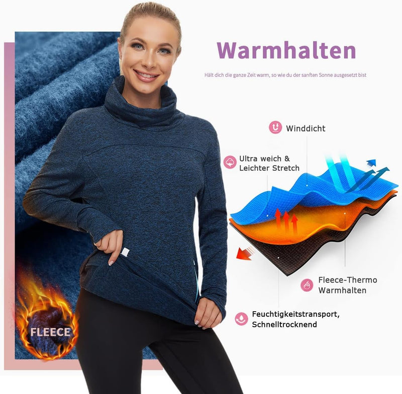 Soneven Rollkragen Pullover Damen Sweatshirt Damen Ohne Kapuze mit Taschen Funktionsshirt Langarm Sw