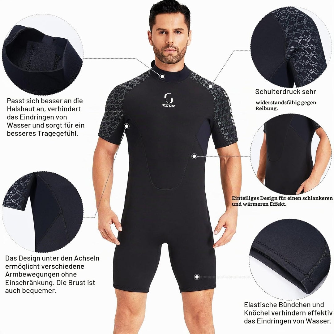 Neoprenanzug Damen Rückenreissverschluss Kurze Neoprenanzug Herren 3mm Neopren Kurzarm Neoprenanzug