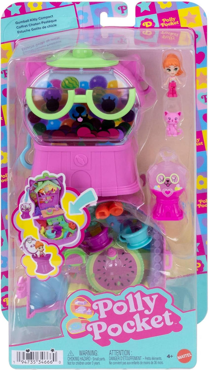Polly Pocket Puppen und Spielset, Kaugummi-Kätzchen-Schatulle, Reisespielzeug mit 1 Mikropuppe, Haus