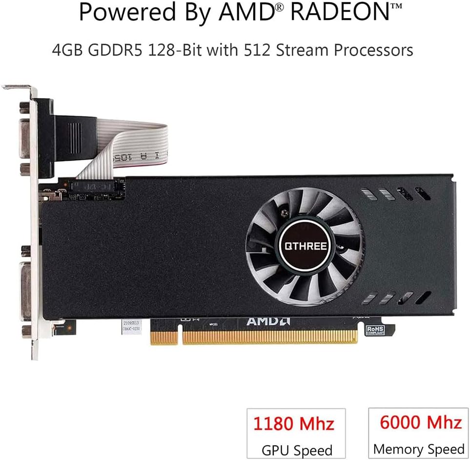 QTHREE Radeon RX 550 Low Profile Grafikkarte, 4GB GDDR5 128-bit, DVI-D, HDMI, VGA, PCI Express x8, D