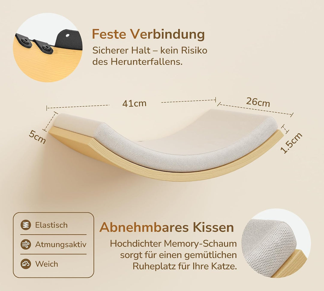Katzen Kletterwand, Gebogenes Katzen-Wandregal mit Schaumstoffmatte, Wandmontiertes Massivholz Katze