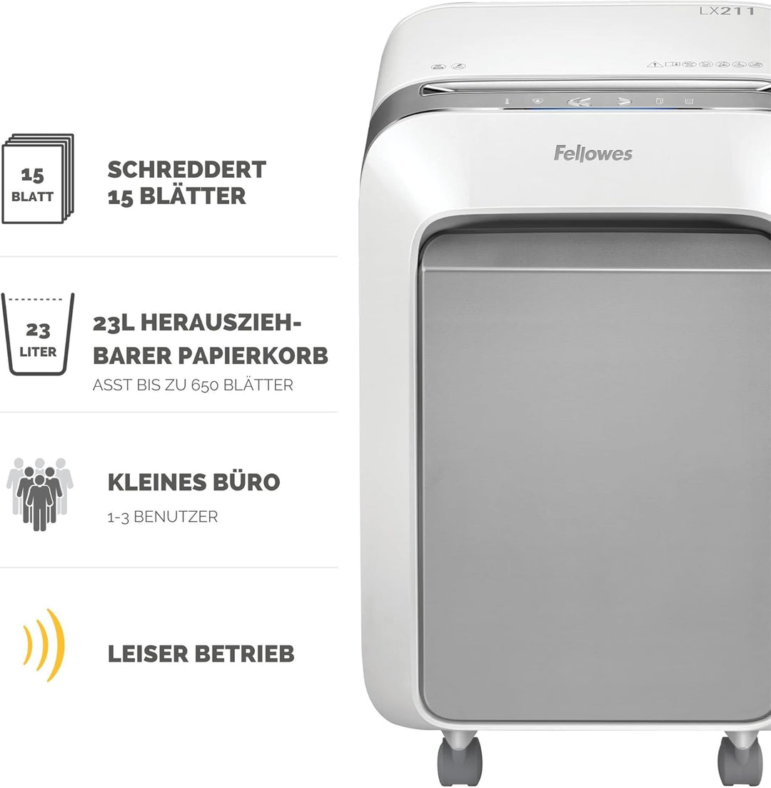 Fellowes Schredder Aktenvernichter LX211, 15 Blatt Micro-Cut P-5, Datenschutzkomformer Papierschredd