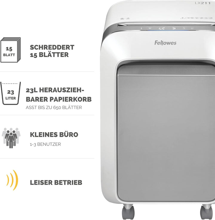Fellowes Schredder Aktenvernichter LX211, 15 Blatt Micro-Cut P-5, Datenschutzkomformer Papierschredd