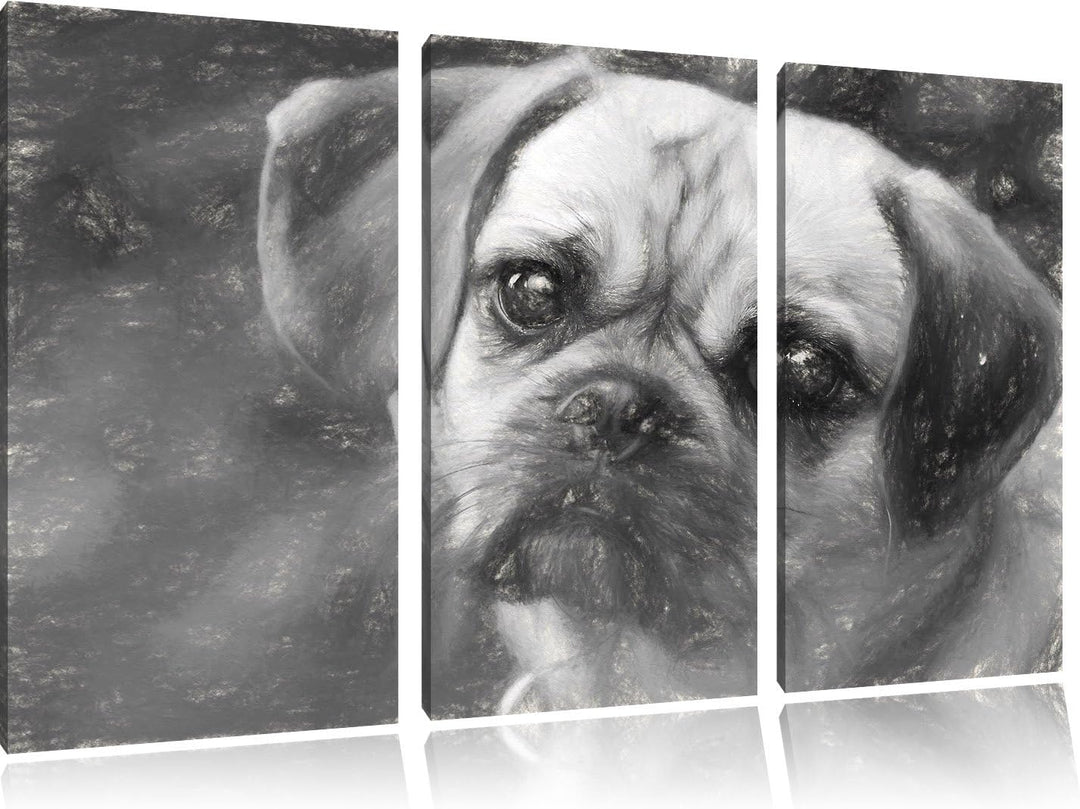 Pixxprint Mops Welpe / 3-Teilig/Gesamtmass 120cm Leinwandbild bespannt auf Holzrahmen/Wandbild Kunst