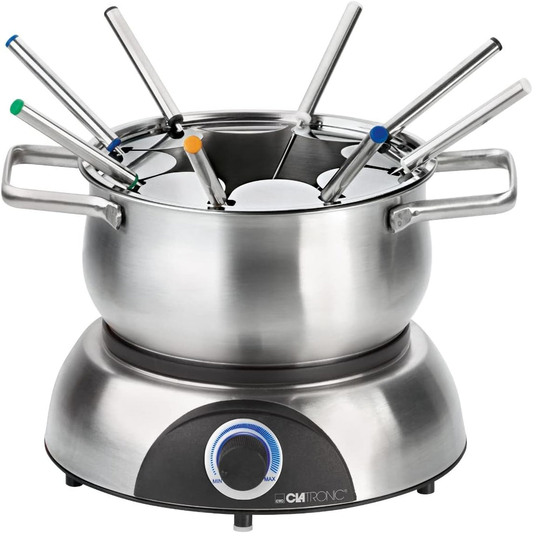 Clatronic FD 3783 elektrischer Fonduetopf, Topf mit abnehmbaren Spritzschutz, Fondue-Set für 8 Perso