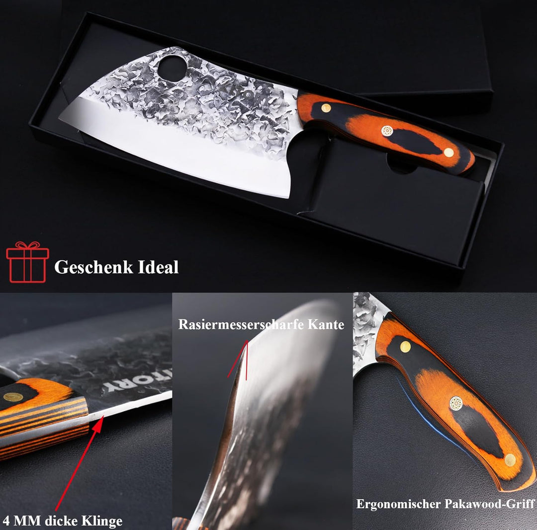 Kitory Serbisches Hackmesser 18cm, Chinesisches Küchenmesser für Fleisch & Knochen, Handgeschmiedet,