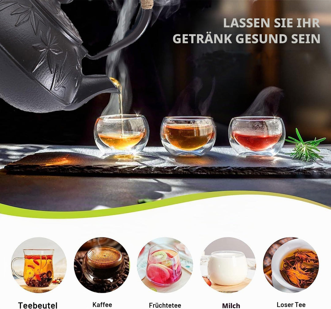 Webao Teekanne Gusseisen, 800ml Asiatische Teekanne Teekessel mit Edelstahl Sieb, Schwarz Ahornblätt