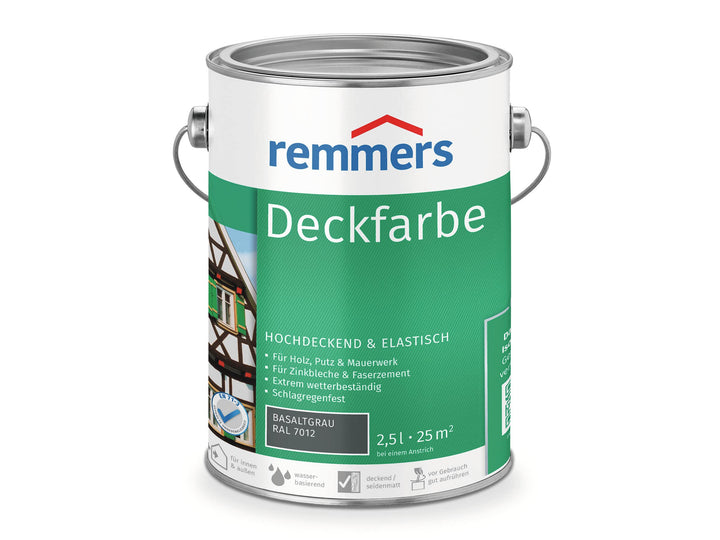 Remmers Deckfarbe basaltgrau (RAL 7012), 2,5 Liter, Deckfarbe für innen und aussen, Wetterschutzfarb