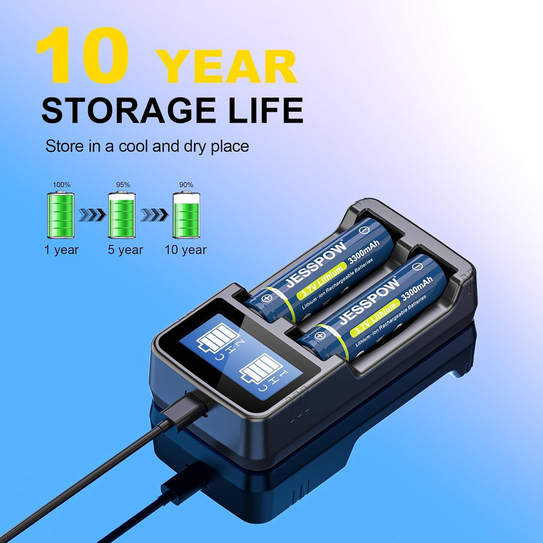 3,7 Volt Akku mit Ladegerät, 3300mAh Batterie[Button-Top, Nicht AA-Akku] | für LED-Stirnlampen, Tasc