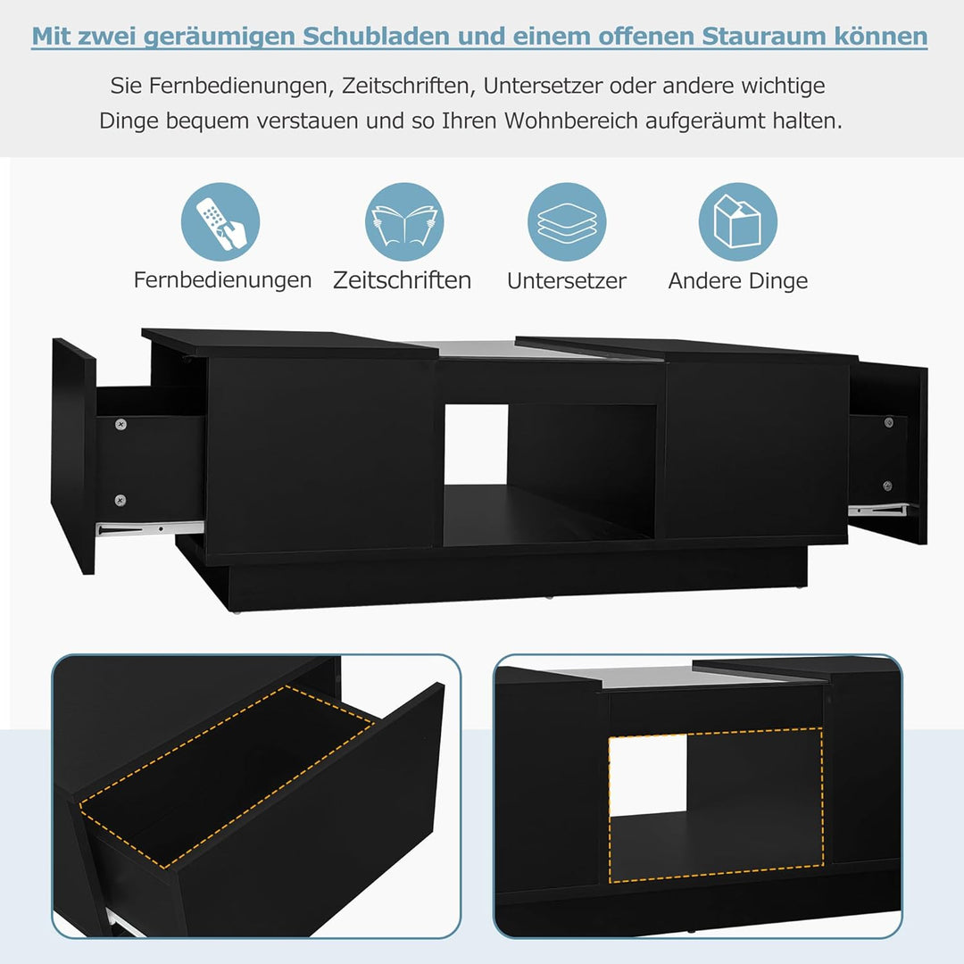 Merax Couchtisch LED Hochglanz, Mitteltisch Teetisch für Wohnzimmer, Schwarz Wohnzimmertisch mit 2 S