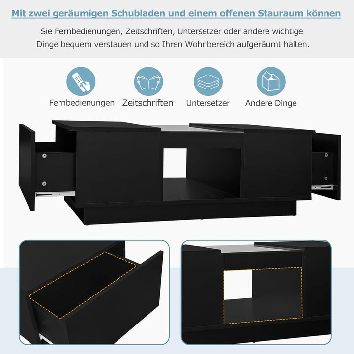 Merax Couchtisch LED Hochglanz, Mitteltisch Teetisch für Wohnzimmer, Schwarz Wohnzimmertisch mit 2 S