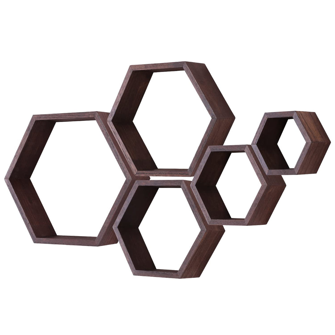 PHOENANCEE Hexagon Wandregal, Wohnzimmer Deko Wand, Holz Hängeregal für Schlafzimmer, 5er-Set(Dunkle