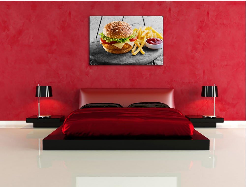 Pixxprint Chickenburger Pommes als Leinwandbild/Grösse: 100x70 cm/Wandbild/Kunstdruck/fertig bespann