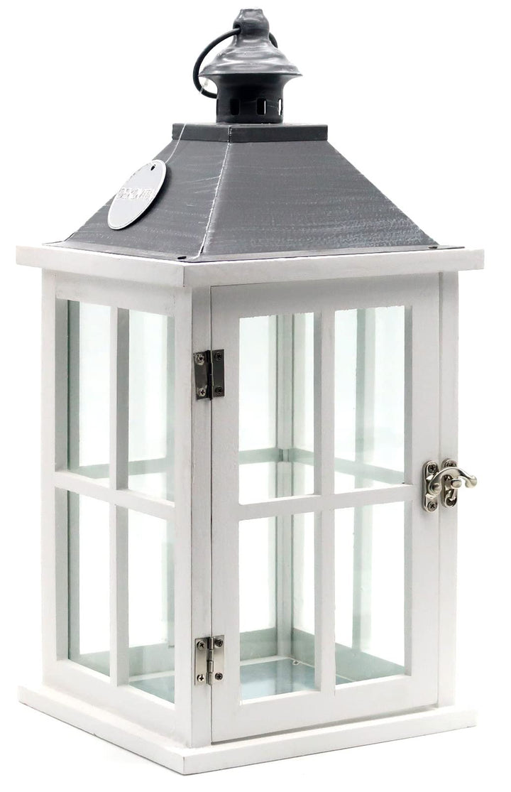 Dekovita 40 cm Holz-Laterne Weiss - Gartenlaterne mit Glas-Scheiben Henkel - Windlicht Deko-Laterne