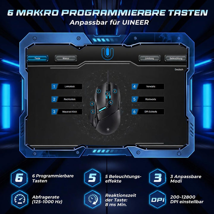 Uineer Kabel-Gaming-Maus, 12800 DPI Maus mit Gaming-Sensor, 6 programmierbare Tasten, 1000 Hz Pollin