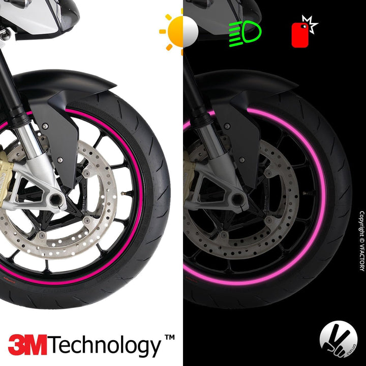VFLUO - Kit Reflektierende Felgenrandaufkleber Motorrad, Aufkleber für 1 Rad 3M™-Technologie™, 360°-