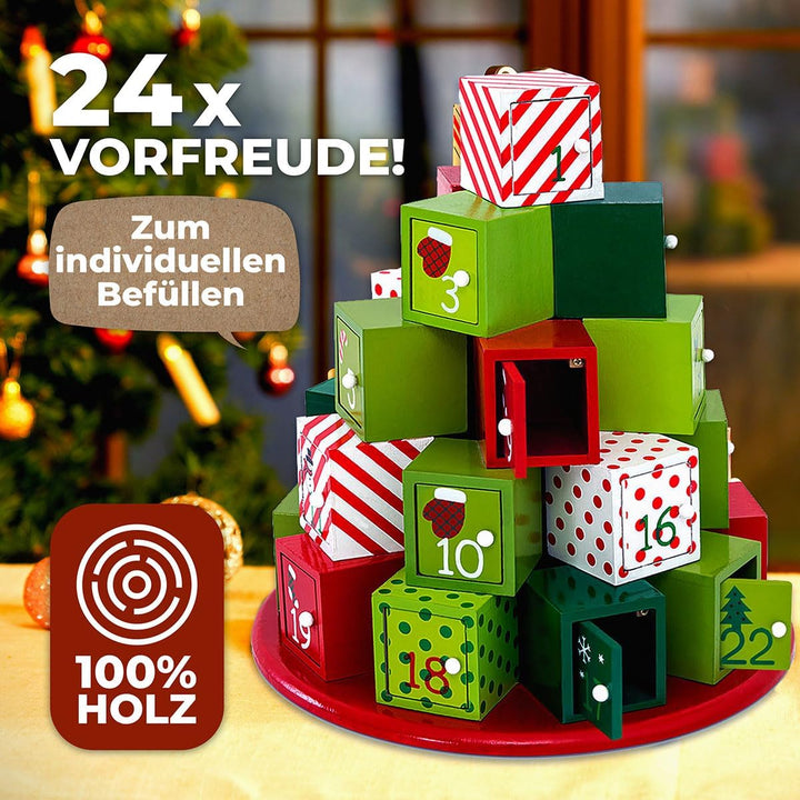 Spielwerk® Wiederverwendbarer Adventskalender Geschenleberg zum Befüllen 24 Türchen Bunt Bemalt Weih