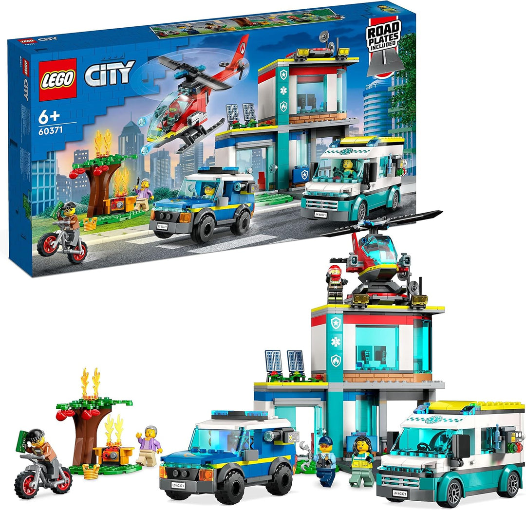LEGO 60371 City Hauptquartier der Rettungsfahrzeuge mit Feuerwehr-Hubschrauber, Krankenwagen, Motorr