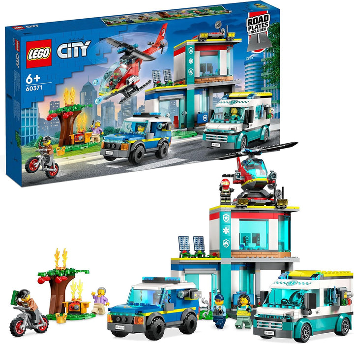 LEGO 60371 City Hauptquartier der Rettungsfahrzeuge mit Feuerwehr-Hubschrauber, Krankenwagen, Motorr