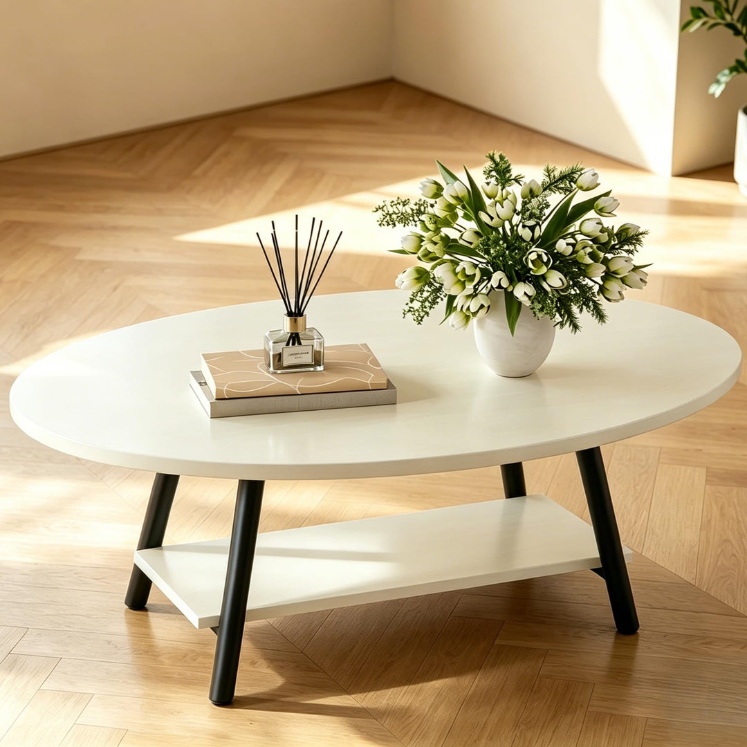 Runde Beistelltisch 2-Tier Couchtisch Tisch mit Stauraum Moderner Massivholztisch Metallrahmen für W