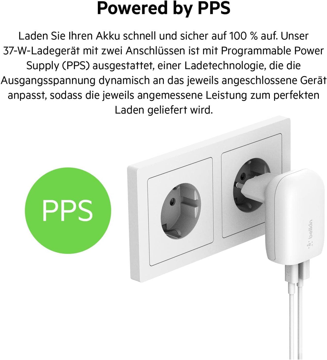 Belkin USB-C PPS PD Handy-Ladegerät, 37 W, mit 2 Anschlüssen, Power Delivery, 25-W-USBC- und 13-W-US