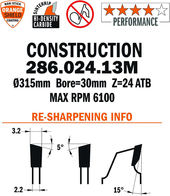 CMT Orange Tools 286.024.13 M Kreissägeblatt für den Bau, 315 x 3,2 x 30 mm, Z 24 ATB