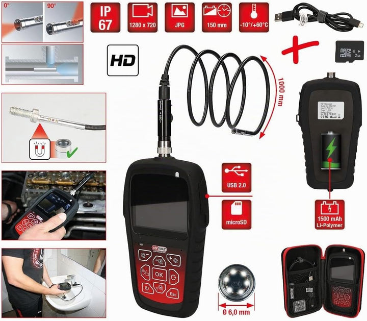 KS Tools 550.7500 HD-Videoskop-Satz mit Ø 6,0 mm 0° und 90° HD Frontkamera-Sonde, umschaltbar, 5-tlg
