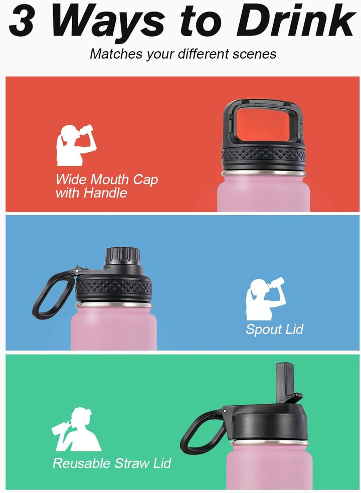 Coolflask Wasserflasche mit Strohhalm, isoliert, Edelstahl, Metall, 3 Deckel, breite Öffnung, für Sp