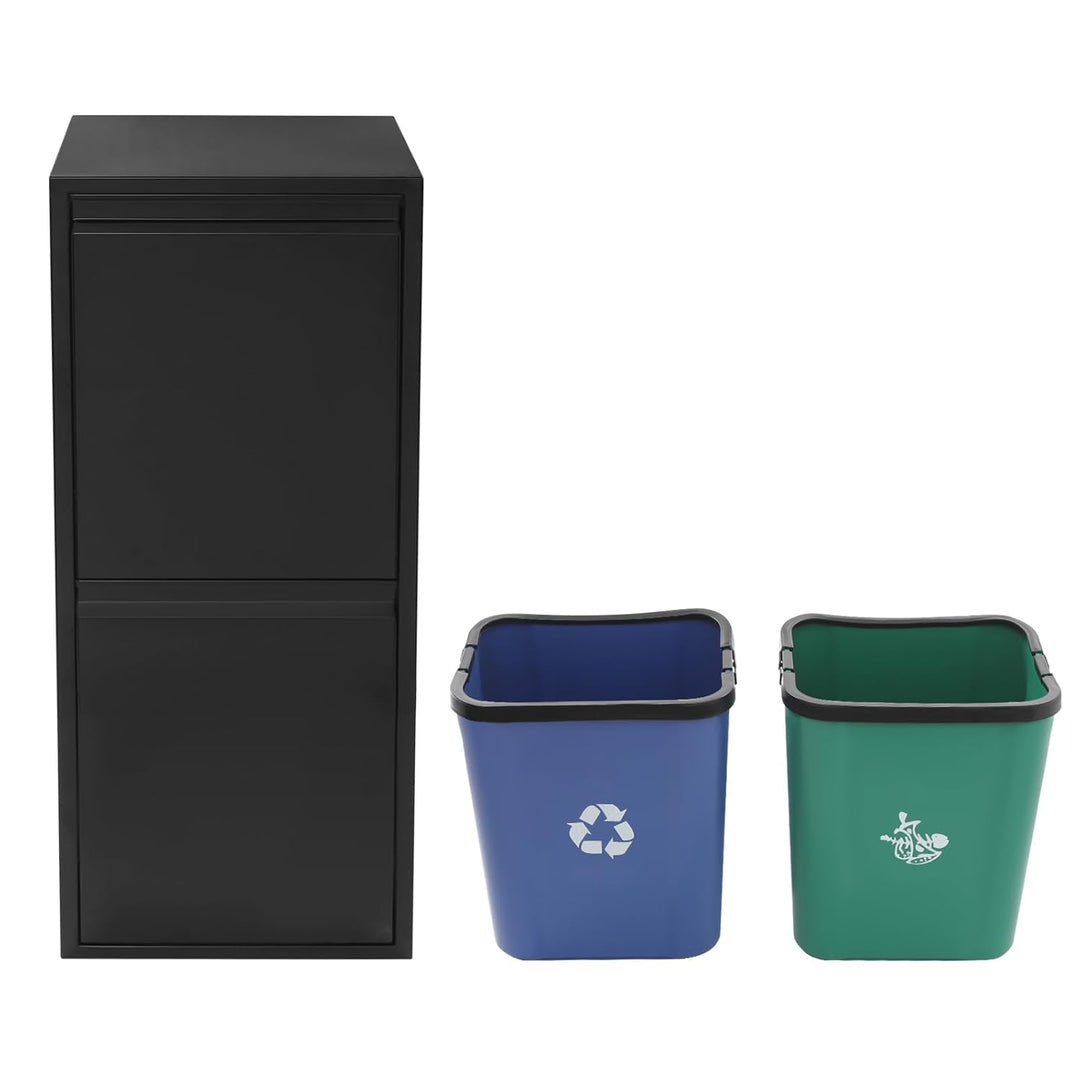 Abfall- und Recycling-Schrank mit 2 Eimern, 15 Gallonen, Schwarz Blau Grün, Edelstahl und Kunststoff