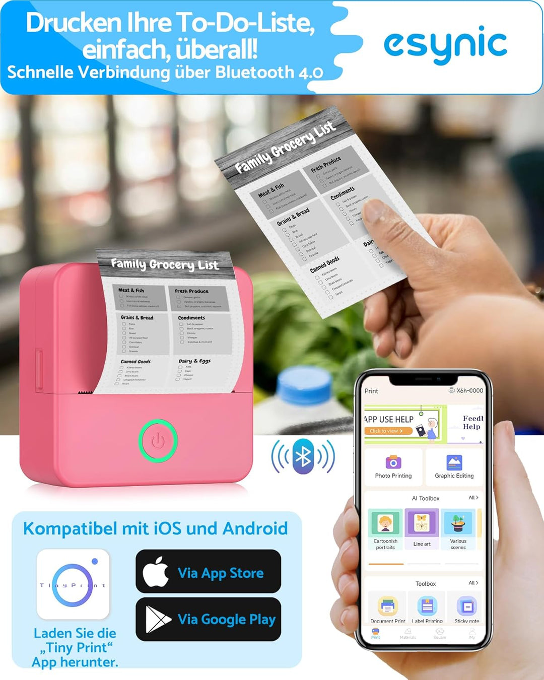 eSynic Mini Drucker – 200 DPI Thermodrucker Bluetooth Drucker für Smartphone, Kompakt und Tragbar, K