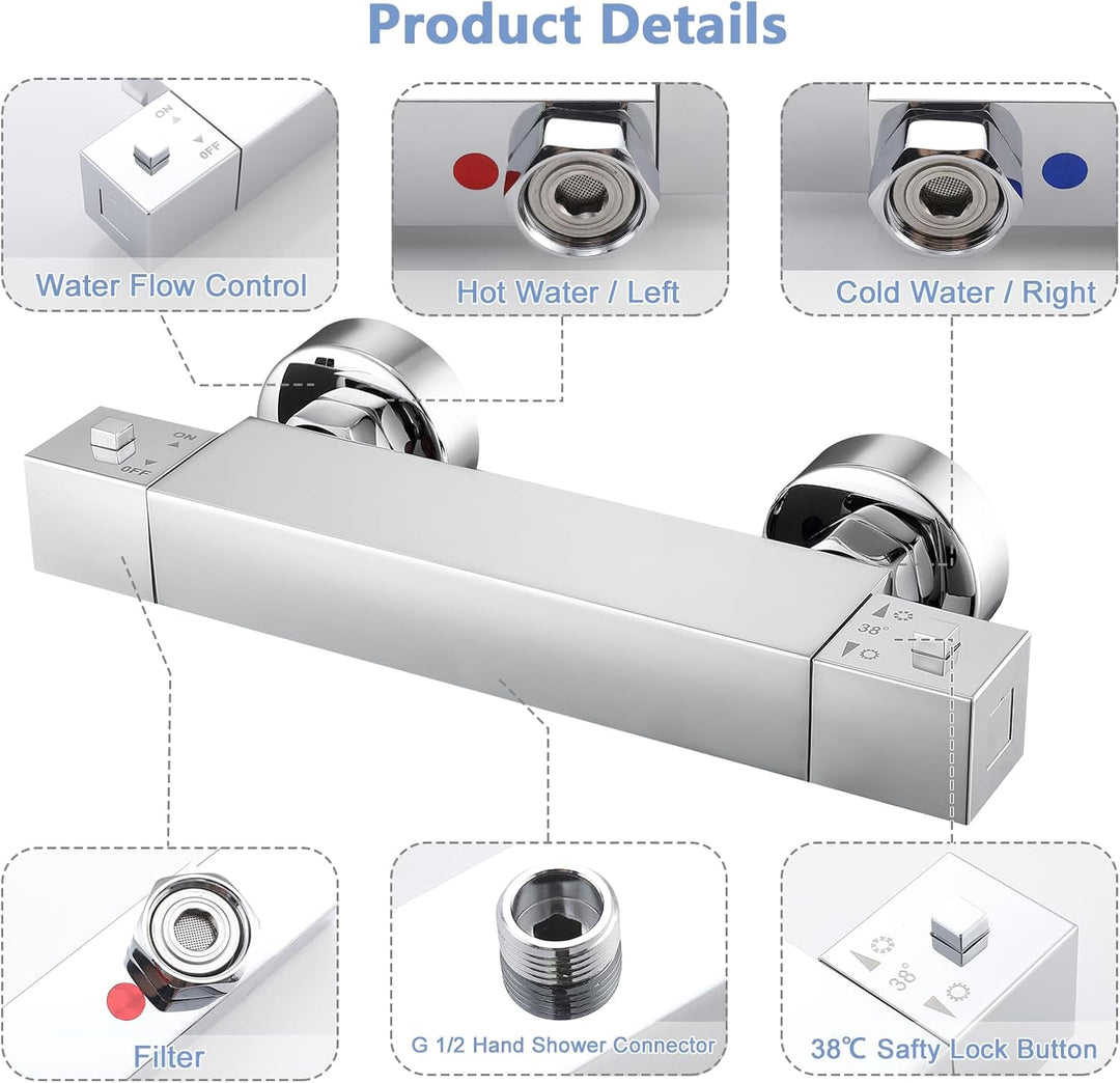 BONADE Duscharmatur mit Thermostat, Aufputz Mischbatterie Dusche mit 38°C Sicherheitstaste, Messing