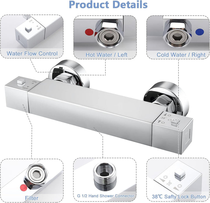 BONADE Duscharmatur mit Thermostat, Aufputz Mischbatterie Dusche mit 38°C Sicherheitstaste, Messing