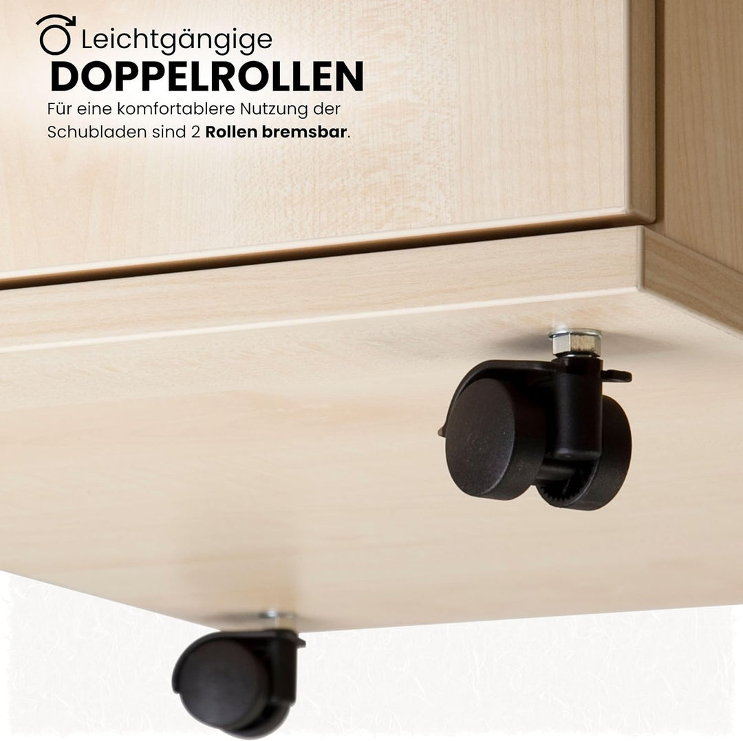 Bümö® Rollcontainer mit 2 Schüben & Schloss | Bürocontainer aus Holz | Tischcontainer mit Hängeregis