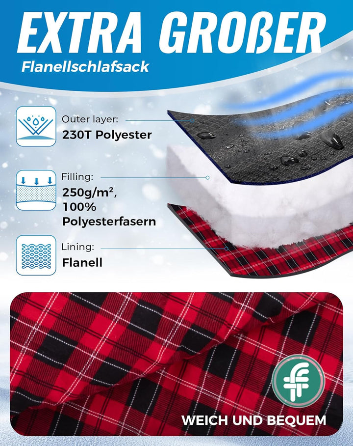 KingCamp Schlafsack XXL Baumwolle Flanell für Erwachsene, Übergrösse Warm Deckenschlafsack Winter fü