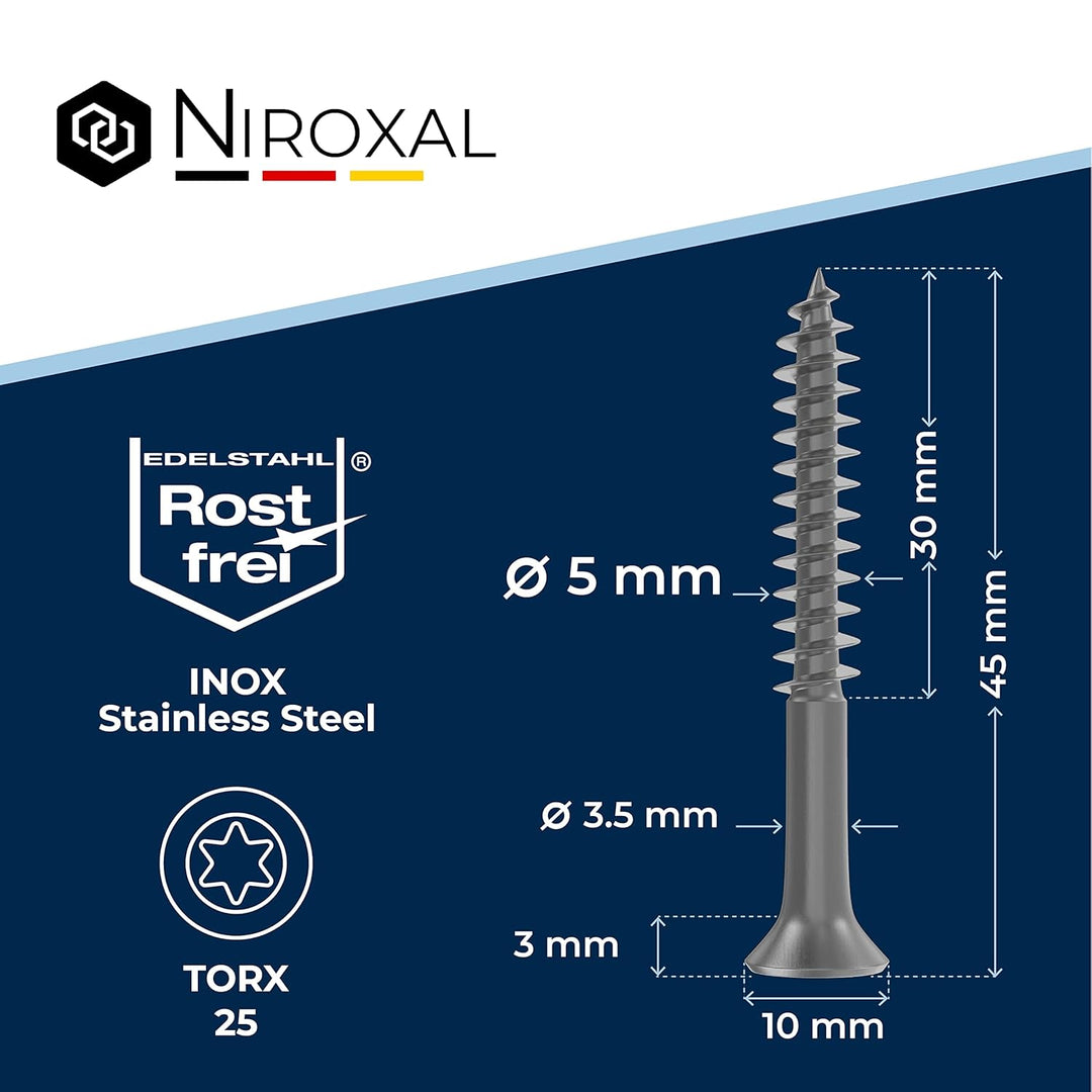 Schrauben Torx Edelstahlschrauben 5x45 Edelstahl V2A rostfrei Spanplattenschrauben für Holz Teilgewi