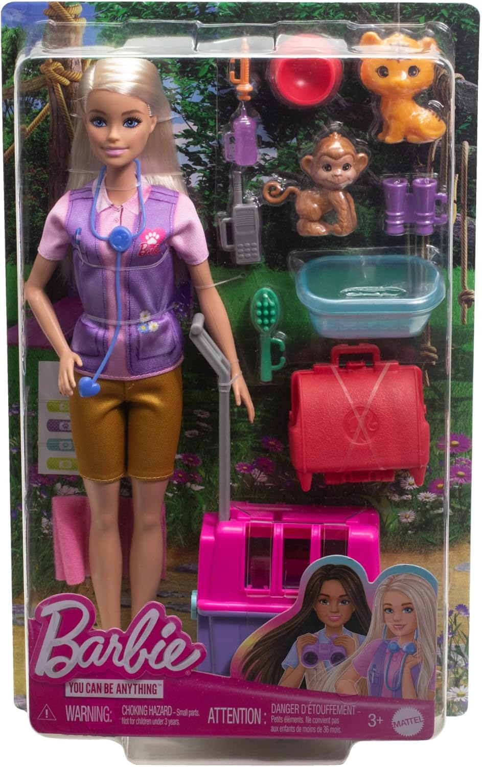 BARBIE Tierrettungsspielset - Barbie-Puppe mit Tiger und Äffchen, Transportbox mit funktionierender