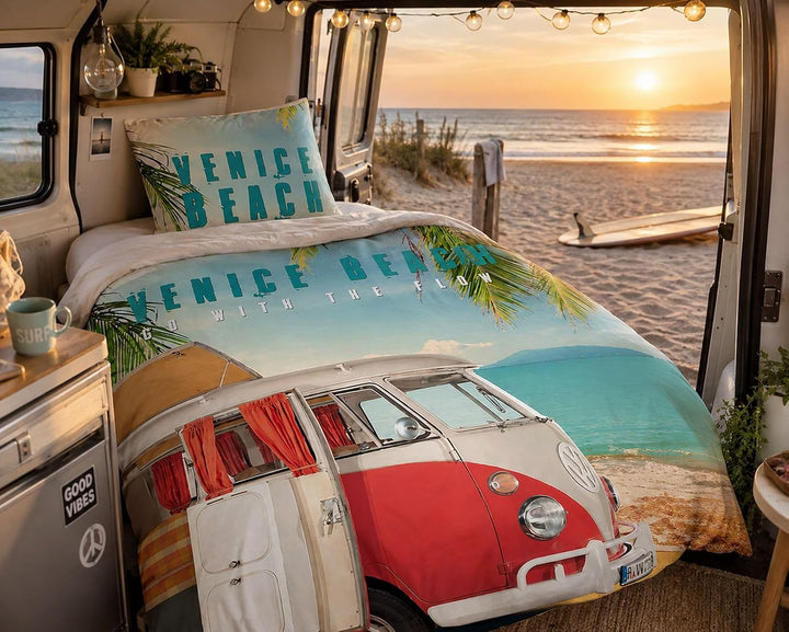SkyBrands Volkswagen Bettwäsche VW Bulli 135x200 cm 80x80 Baumwolle Bus VW Bulli Bettwäsche-Set 2tlg