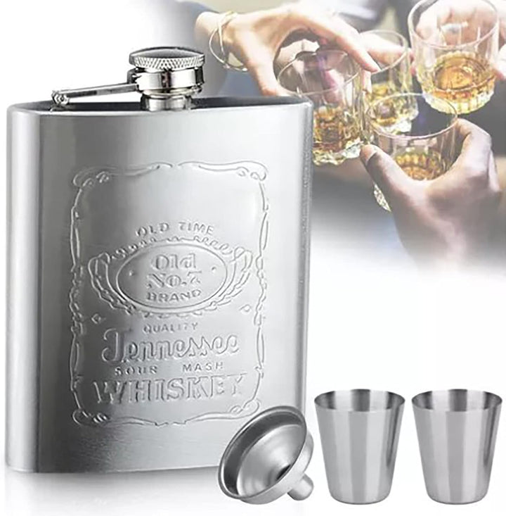 Whisky-Flachmann, Auslaufsicherer Edelstahl-Taschenkolben mit Trichter, 200 Ml Fassungsvermögen, Lei