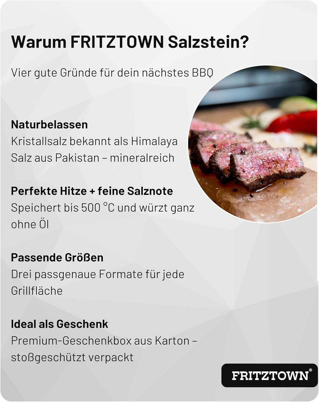 FRITZTOWN® Deluxe XL Grill Salzstein - 20x20x5 cm - 4,4 kg - Extra Stark - Feiner Geschmack durch Kr
