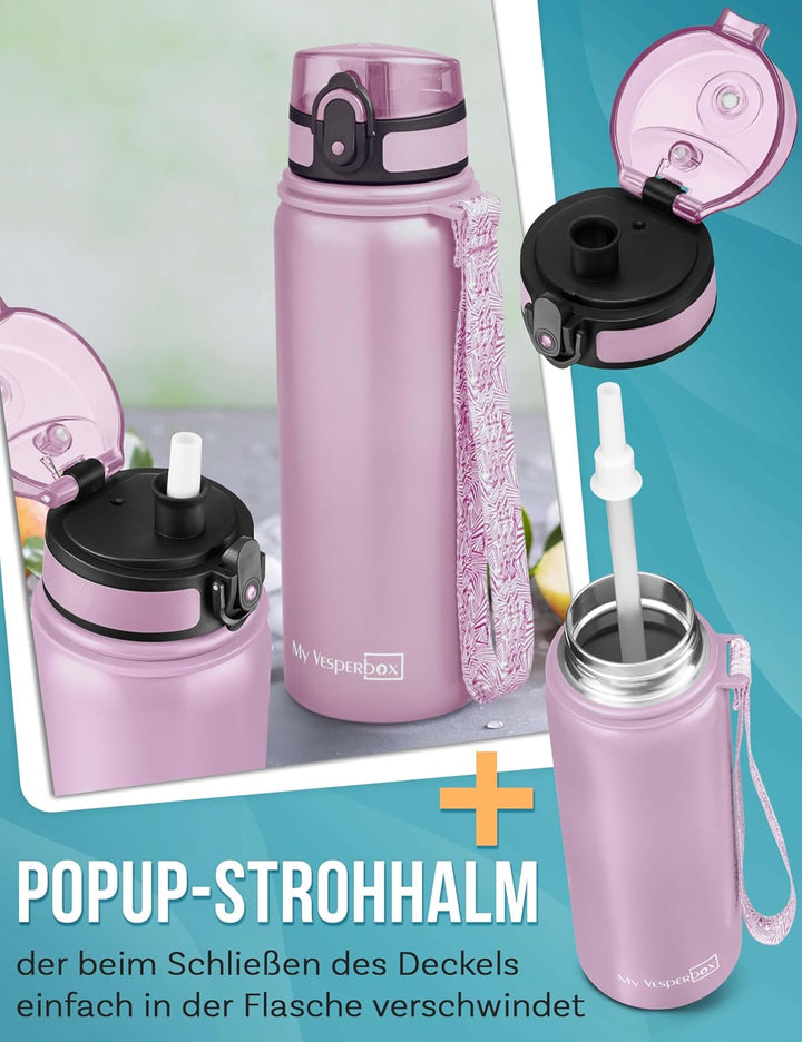 MY VESPERBOX® Edelstahl Thermosflasche Kinder [INK. STROHHALM & SIEB] - Isolierflasche für Jungen &