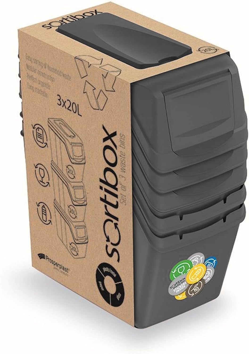 Prosperplast Sortibox Mülleimer Mülltrennsystem Abfalleimer Behälter 3x20L Grau Grau 3x20 Litros, Gr