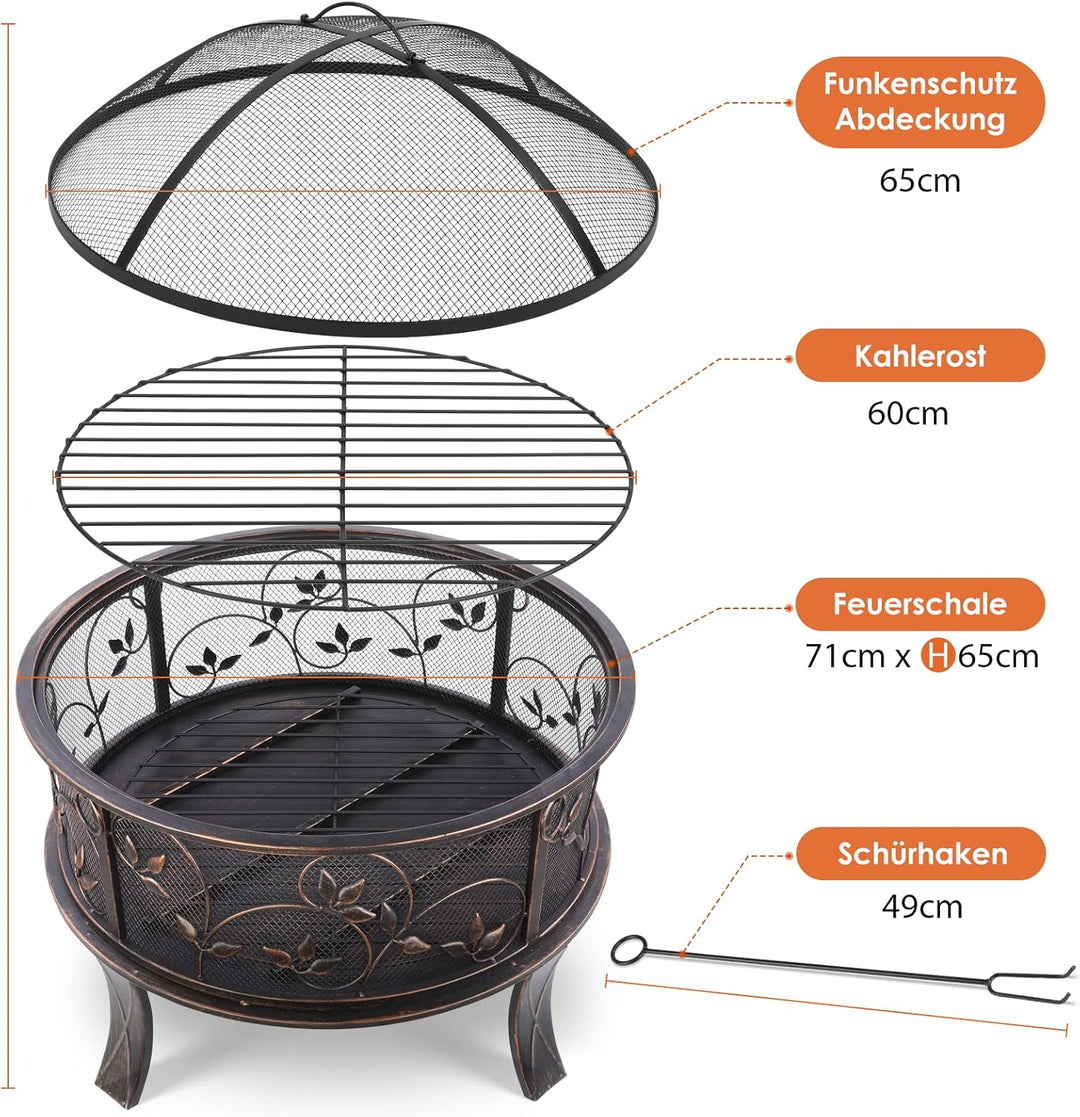 Feuerschale, Feuerschale Garten, Feuerkorb mit Funkenschutz, Feuerstelle Retro-Look, inkl. Poker & K